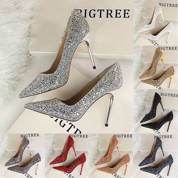 

women's high heels shoes shallow mouth pointed toe shiny glitter sequins nightclub stiletto heels wedding dress shoe girl pumps, Black
