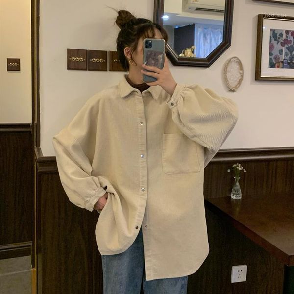 

2020 new fashion woman corduroy jacket solid shirt single breasted turn down collar long sleeve pocket button feminina1, White