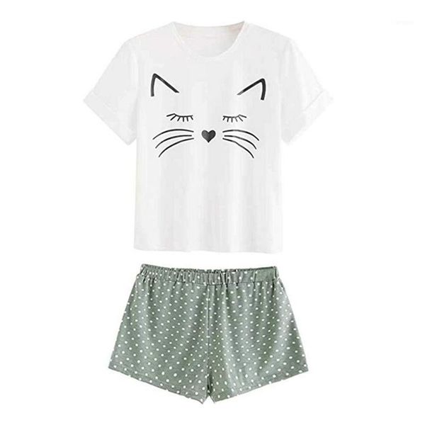 

women summer 2pcs casual cat printed clothing sets short sleeve o neck t shirt + solid high waist ruffled shorts clothes1, White