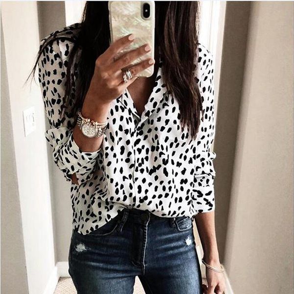 

fashion women long sleeve leopard blouse v neck shirt ladies party dames streetwear blusas femininas elegante, White
