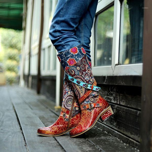 

boots women retro genuine leather printing splicing 4cm square heel buckle zipper dress short ladies shoes shoes1, Black