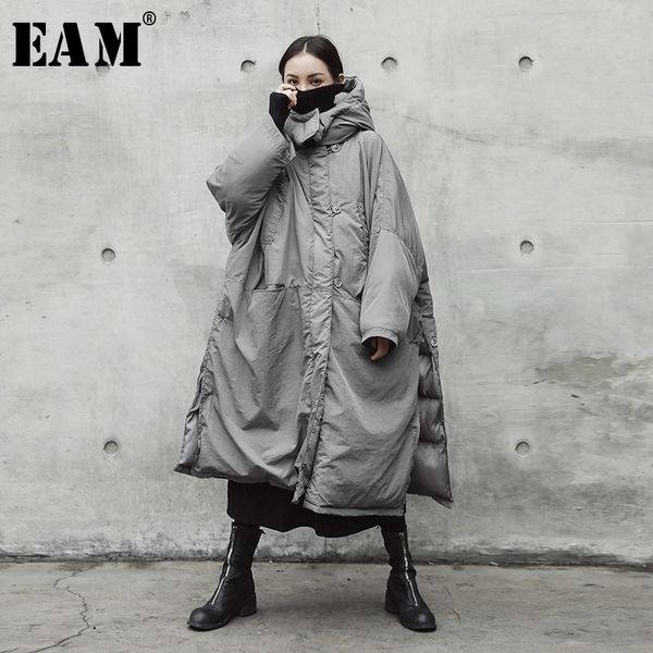 

[eam] hooded cotton-padded gray oversize long warm coat long sleeve loose fit women parkas fashion spring autumn je02002 201103, Black