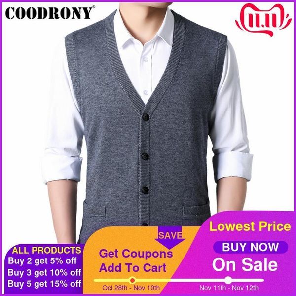 

coodrony sweater men autumn winter warm cashmere wool cardigan men classic sleeveless v-neck mens sweaters cardigans coats 91022 201105, White;black