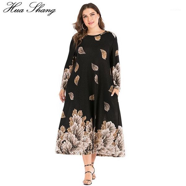 

autumn winter casual dress plus size 6xl women long sleeve feather print loose oversized dress ladies tunic maxi long dresses1, Black;gray