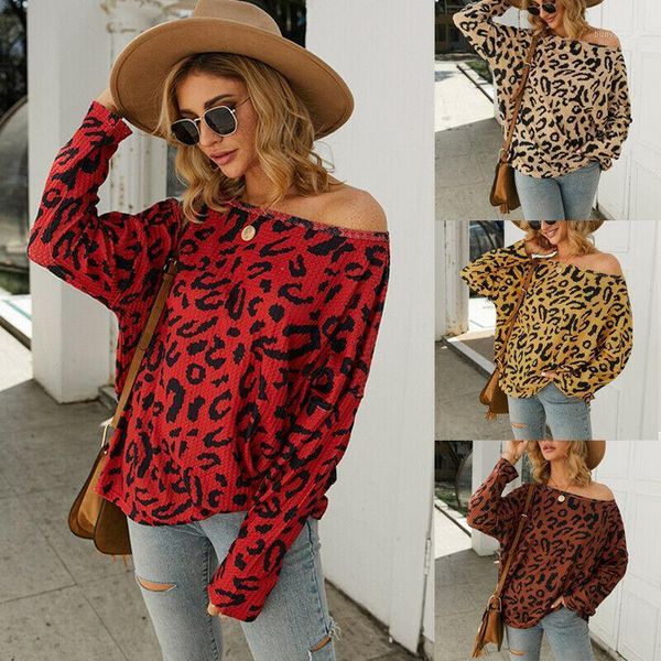 

women's t-shirt women casual long sleeve leopard printed loose elegant woman pullover vintage fashion off-shoulder t shirt1, White
