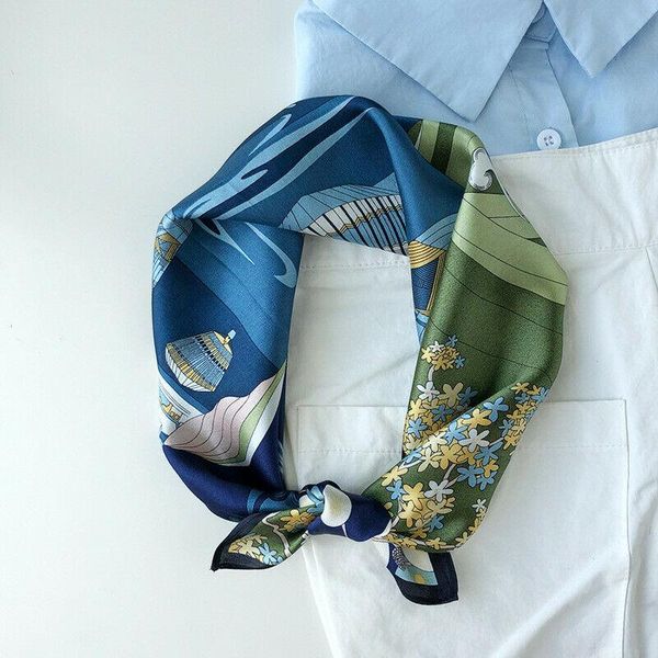 

100% silk scarf women stylish small bandana air balloon print kerchief square headband hip-hop turban 53*53cm, Blue;gray