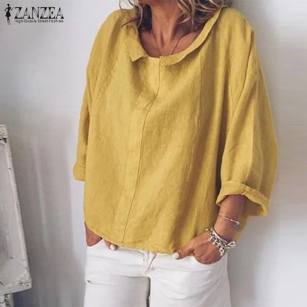 

fashion zanzea women lapel neck blouse autumn long sleeve shirt casual solid blusas femme cotton linen work chemise robe y200622, White