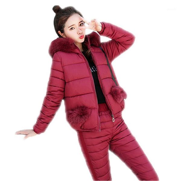 

women winter down cotton jacket suit female fashion hooded fur collar pockets warm two piece set slim outerwear pants coat e361, White