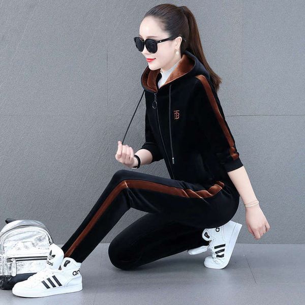 

golden silk double faced velvet leisure sports suit women's autumn and winter 2020 plush thickened slim fit sportswear8uy, Gray