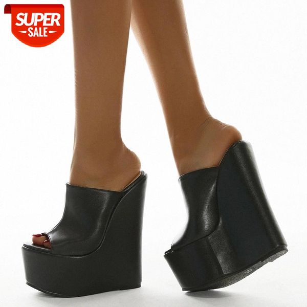 

ribetrini 2021 new arrival ladies black slip on platform open toe shoes women pumps high wedges casual leisure pumps #lf87