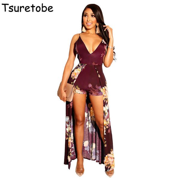 

tsuretobe beach print playsuit women overalls spaghetti strap fashion + skirts jumpsuit backless bandage casual bodysuit t200704, Black;white