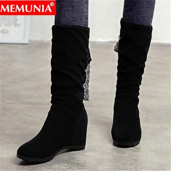 

memunia plus size 34-43 new women boots wedges heel black mid calf boots women ladies casual shoes woman