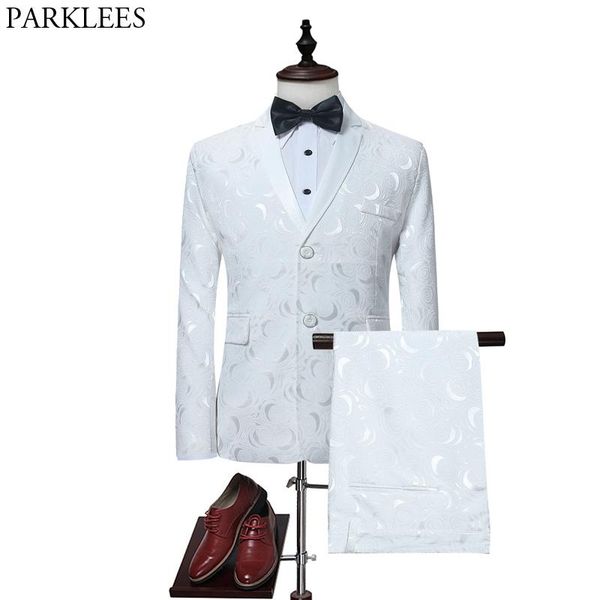 

men's suits & blazers mens elegant white rose floral jacquard with pants wedding goom 2 piece suit male stage singer prom costume maria, White;black