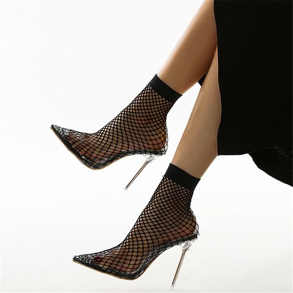 

2021 new knit upper transparent slices fashion toe boots heels woman xxj8, Black