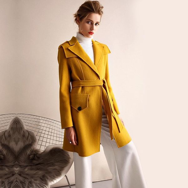 

women's wool & blends coat women winter 2021 coats double-faced cashmere korean slim long yellow1, Black