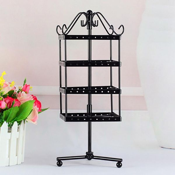 

4-layer 128-hole creative square rotating earring frame display rack tower iron earring storage rack rotating jewelry hangi, Pink;blue