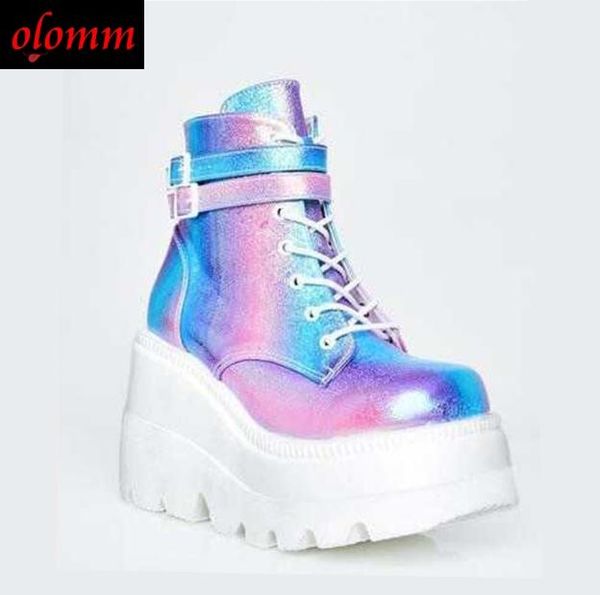 

boots 2021 winter women platform fashion thick bottom ankle wedges shoes woman lace up buckle botas mujer, Black