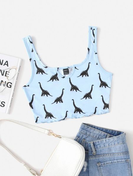 

notch neck lettuce edge dinosaur print tank h0jd#, White