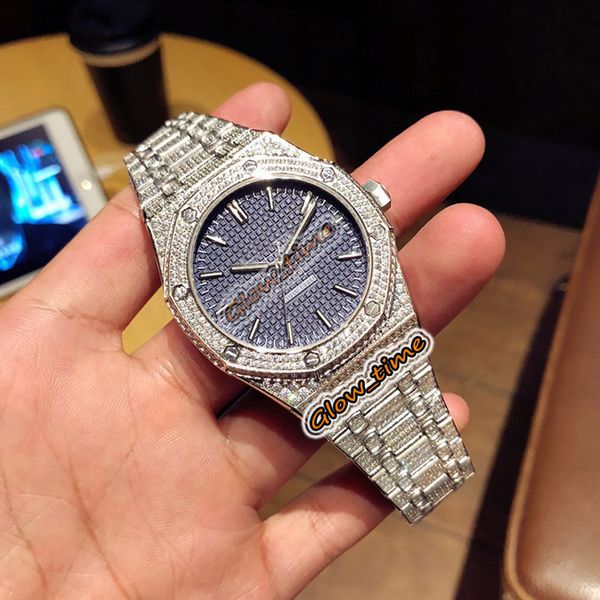 

diamond inlay edition blue date dial 15500st.oo.1220st.01 japan miyota automatic mens watch iced out silver diamond case luxry watches, Slivery;brown