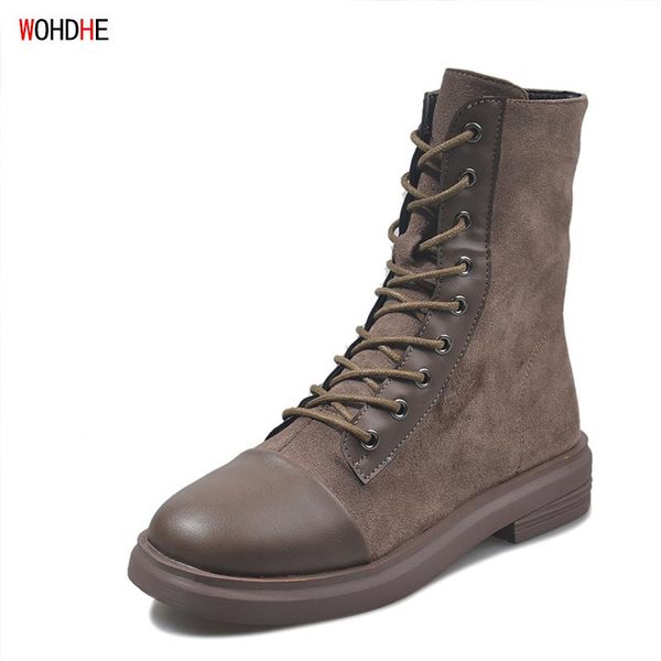 

wohdhe ladies ankle boots flats round toe lace-up boots woman platform flock autumn shoes botas de mujer botines black