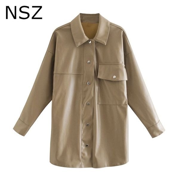 

nsz women oversized pu faux leather jacket fall fashion shirt coat long sleeve ladies outerwear 201030, Black
