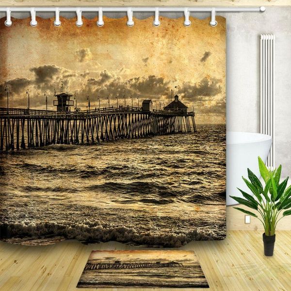 

retro sea wooden pier bridge bathroom fabric shower curtain & 12 hooks1