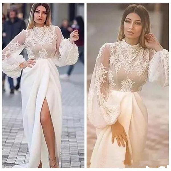 

sexy оболочки пром платья шнурка аппликация high neck puffy длинные рукава иллюзия длинные рукава формальные партии мантий фронт сплит парти, Black