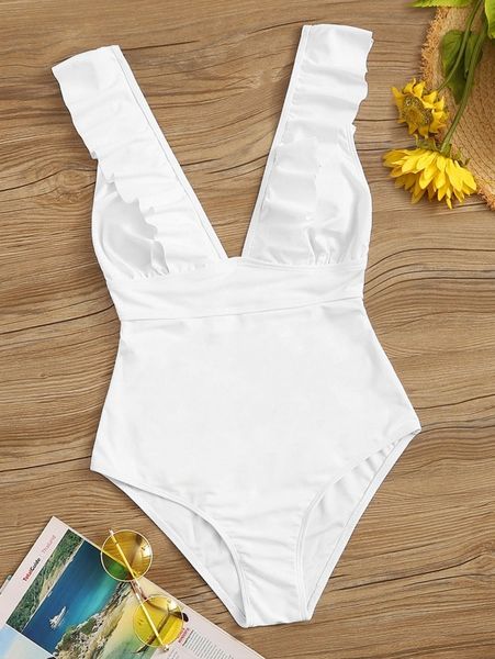 

ruffle trim lace up one piece swimsuit b0c0#, White;black