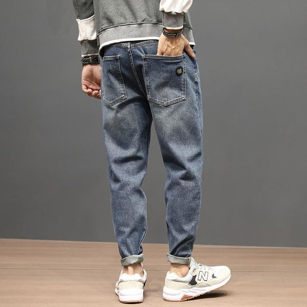 

korean style fashion men jeans retro blue elastic loose fit denim harem pants autumn newly streetwear hip hop wide leg trousers