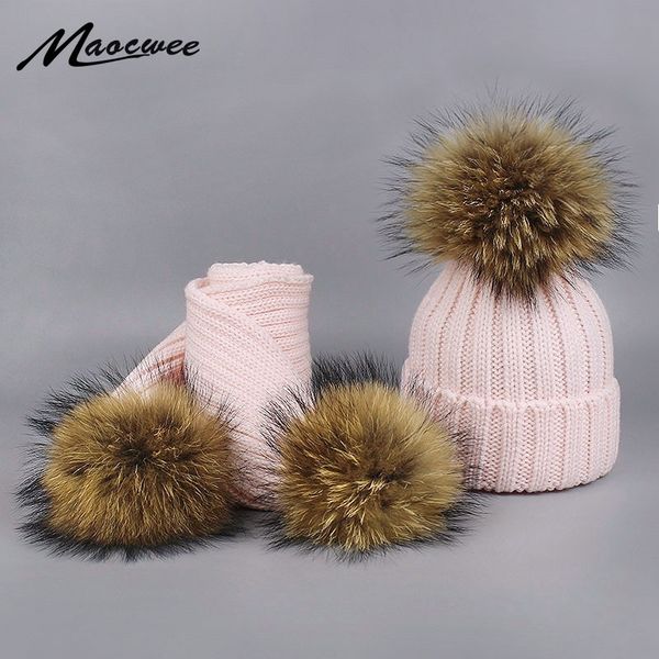 

boy girl pom pom beanie warm knitted bobble fur pompom hat and scarf set children real raccoon fur pompon winter hat skullies y201024, Blue;gray