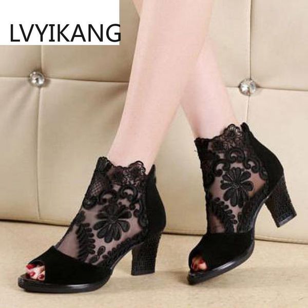 

2020 spring and summer mesh toe heels single shoes fish mouth decoration women shoes in europe and america zapatilla mujer, Black