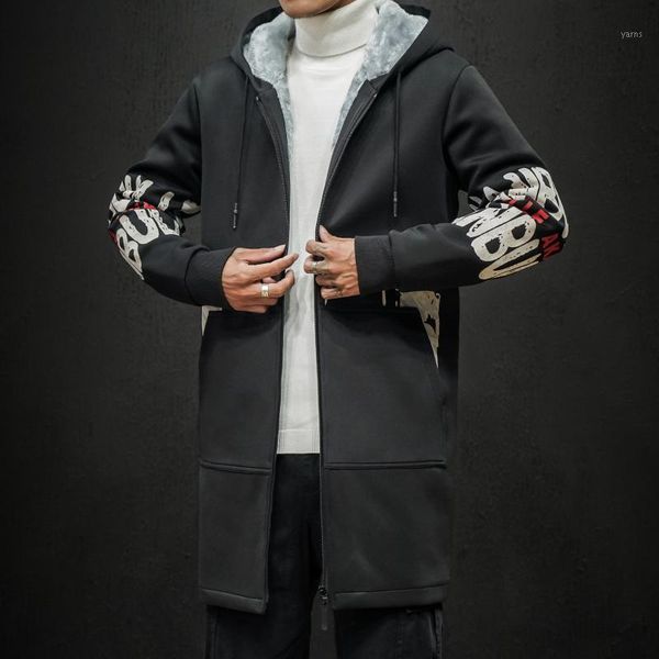 

men fashion windbreaker men winter hooded fleece warm jackets black coat solid color overcoat loose casual print long jacket1, Tan;black