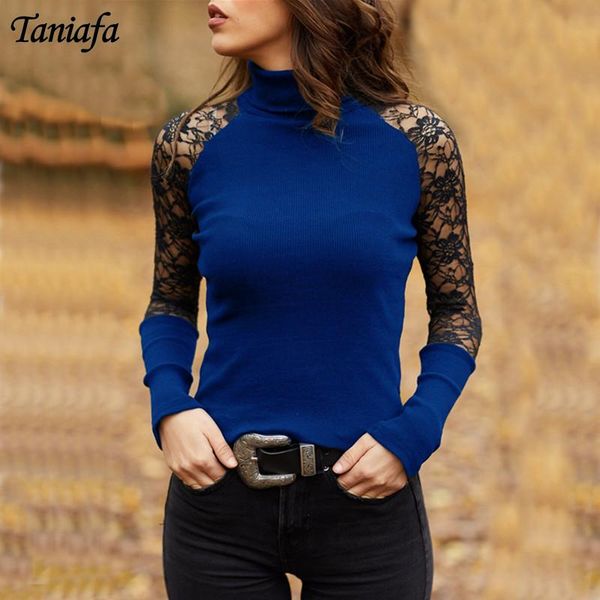 

s-5xl new fashion women's lace stitching long-sleeved knit pullover casual sweaters 2021 spring fashion blouse turtlenck, White;black