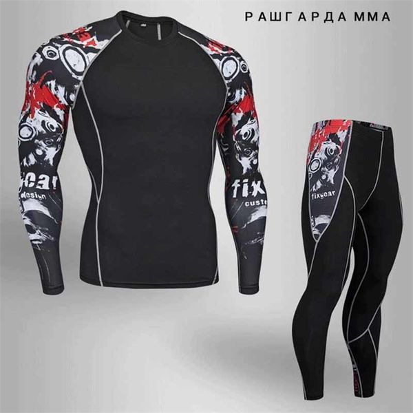 

men's sports suit compression costume fitness training suit thermal underwear mma rashgard men quick drying shirt tracksuit lj201117, Gray