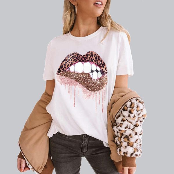 

exclent women's t-shirt lips leopard print stamping short sleeve t-shirt 2021 fashion black friday ywfs, Black;brown