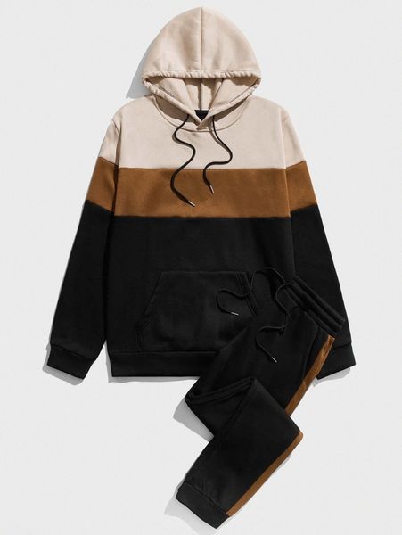 

men color block kangaroo pocket drawstring thermal hoodie & sweatpants r86f#, Gray