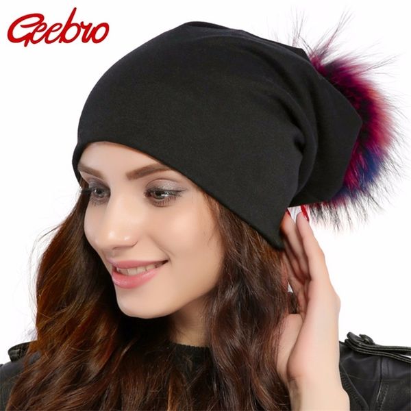 

geebro brand women's beanie hat casual cotton pompom beanies hats raccoon fox fur pompon skullies balaclava caps for women js294 y20010, Blue;gray
