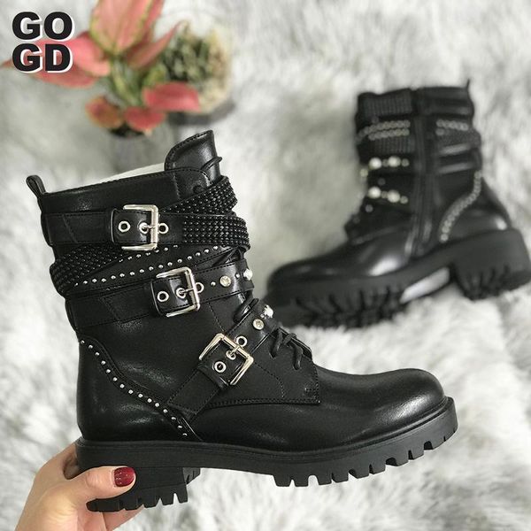 

[gogd] ankle women frenulum bnuckle party chunky shoes winter fashion boots plush fur, Black