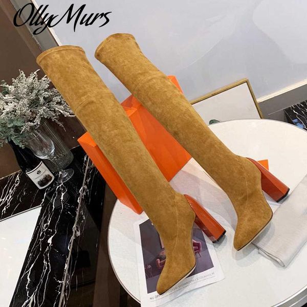 

brown slip on women long boots stratch over the knee boots high heel solid autumn winter shoes genuine leather sole fashion, Black
