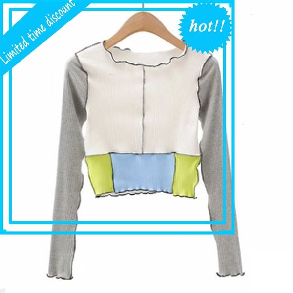 

stylish women long mouw t-shirt casual straight location collar splicing contrast color o-neck used lent herf, White