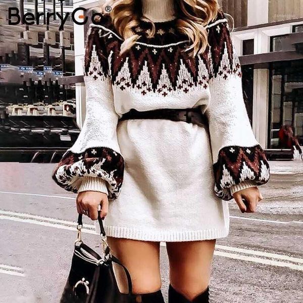 

berrygo geometric print knitted female dress casual women turtle neck pullover sweater dress autumn winter retro white vestidos1, Black;gray