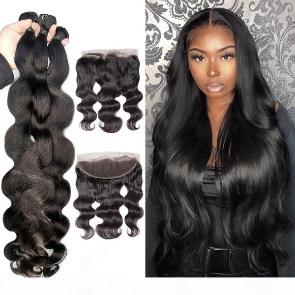 

13x4 lace frontal with bundles body wave bundles with frontal malaysian human hair 3 bundles with frontal closure, Black