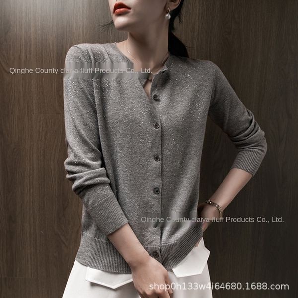 

8jmi5 spring and summer bright versatile round wool fine woolen cardigan sweater knitwear neck cardigan new silk loose coat women's thi, White;black