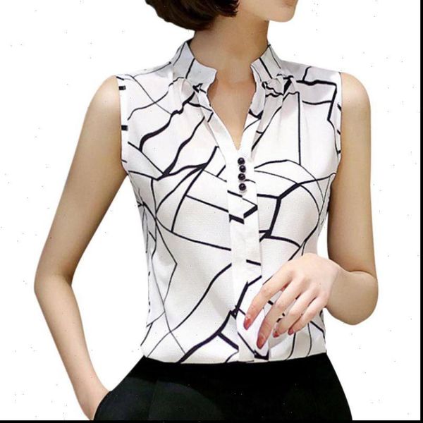 

2021 women blouse chiffon casual sleeveless v neck fashion women shirt print blouses ladies blusas white summer spring