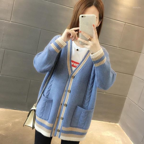 

peonfly striped cardigan women knitted sweaters autumn winter coat v neck ladies long sleeve elegant sweater loose coat1, White