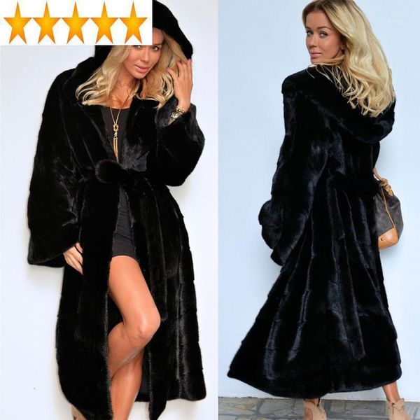 

faux hooded jacket women's long coats female 2021 autumn winter coat women fashion artificial fur kj9771, Black