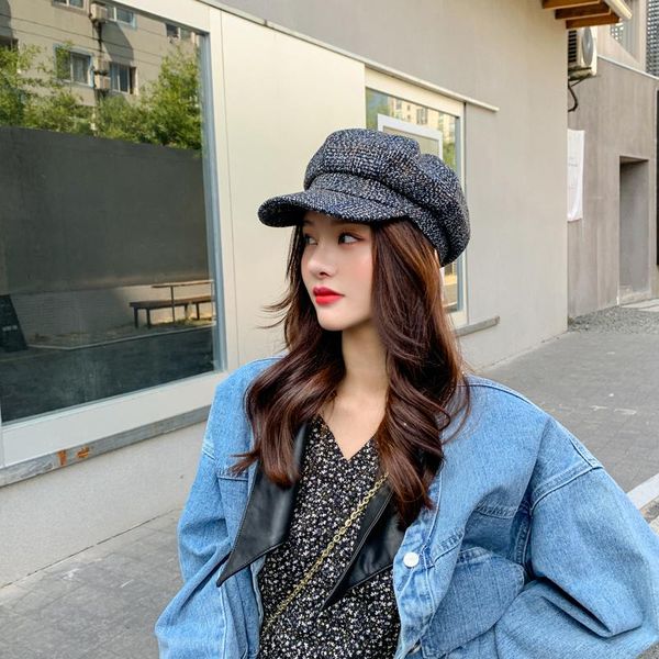 

stingy brim hats women baseball cap for winter female cotton plaid retro fashion octagonal casual autumn women's caps, Blue;gray