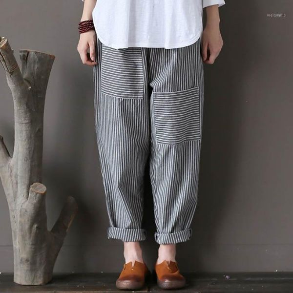

zanzea full-length pant autumn elastic waist pockets vertical stripe loose solid leisure office ladies cotton linen long trouser1, Black;white