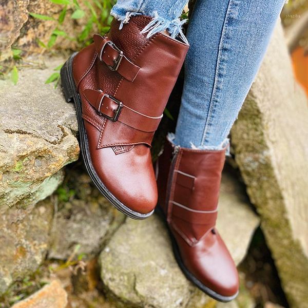

boots ankle for women shoes retro buckle booties comfy winter plus size woman femmes bottes 20211, Black