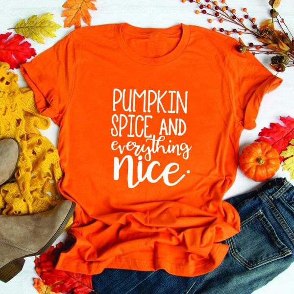 

women's t-shirt 2021 halloween women t shirt pumpkin spice and everything nice print aesthetic o-neck tees orange vintage camisetas mu, White